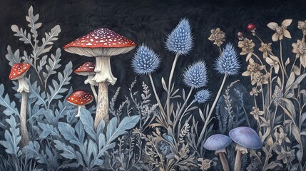 Wall Mural - Detailed botanical illustration with plants and mushrooms