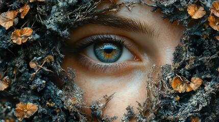 Sticker - A Close-Up of a Human Eye Surrounded by Moss and Lichen