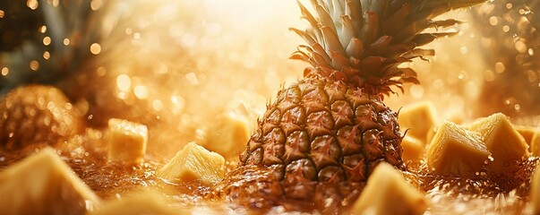 Wall Mural - A vibrant pineapple surrounded by fresh pineapple chunks in a warm, glowing setting.