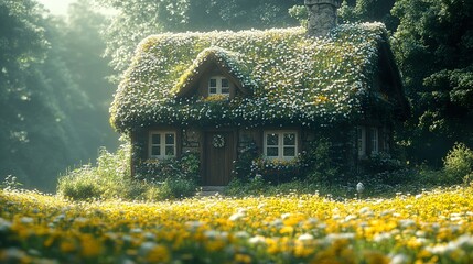 Canvas Print - Charming Cottage in a Field of Flowers