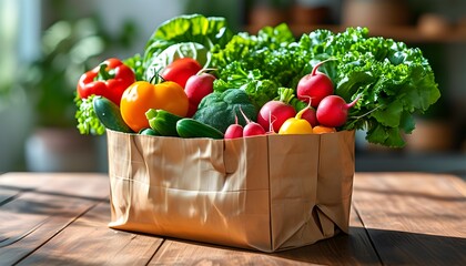 Vibrant paper bag overflowing with fresh vegetables, symbolizing healthy and eco-friendly living with AI-enhanced sustainable packaging