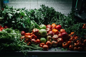 discarded fruits and vegetables, including bruised apples, blemished tomatoes in a grocery