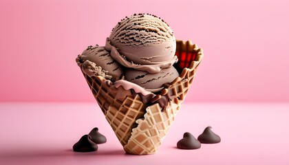 Indulgent chocolate ice cream in a crisp waffle cone against a vibrant pink backdrop, perfect treat for dessert lovers