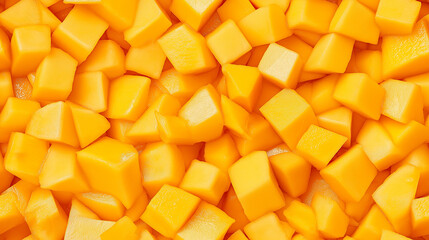 a close-up, top-down view of diced mangoes spread across the entire frame, filling the image with their vibrant orange-yellow color and smooth texture in uniform cubes