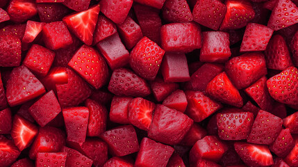 Wall Mural - a close-up, top-down view of diced strawberries spread across the entire frame, filling the image with their bright red color and juicy texture in uniform cubes