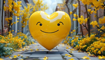 Wall Mural - Vibrant 3D yellow heart of smiling faces, embodying joy and unity in a captivating display of happiness and positivity through AI generative art