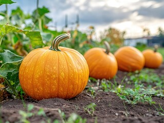 Fresh ripe pumpkins in a garden