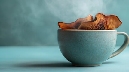 Wall Mural - dried reishi mushroom slices in a ceramic tea cup with steam rising against an isolated light blue background