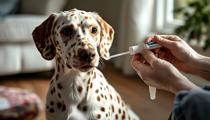 Wall Mural - joyful pet enjoying flea treatment application from owner, soft natural light fills cozy English home