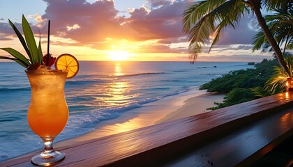 Tropical sunset at a beach bar with cocktails, waves, and the essence of summer vacation bliss