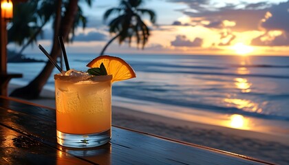 Tropical sunset at a beach bar with cocktails, waves, and the essence of summer vacation bliss