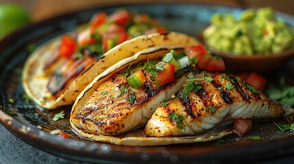 Wall Mural - Grilled Fish Tacos with Salsa and Guacamole