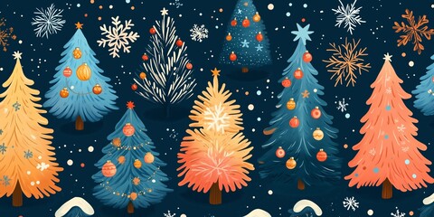 A charming and festive illustration featuring colorful Christmas trees adorned with ornaments, snowflakes, and stars. 