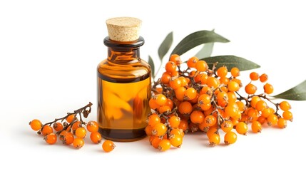 Isolated white background with sea buckthorn berries and oil bottle
