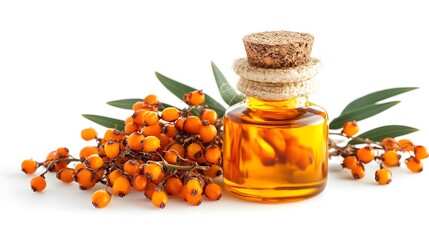 Isolated white background with sea buckthorn berries and oil bottle
