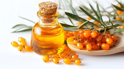 Isolated white background with sea buckthorn berries and oil bottle
