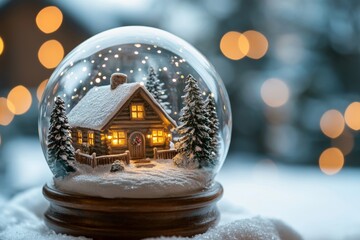 Wall Mural - Cozy winter wonderland snow globe featuring a cabin surrounded by pine trees and sparkling lights