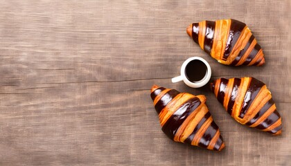 Indulgent breakfast scene featuring fresh French chocolate croissant and coffee with milk on a rustic wooden background