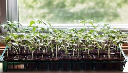 Wall Mural - Vibrant young tomato sprouts thriving in pots on a sunny windowsill, showcasing the joy of home vegetable gardening and nurturing fresh growth indoors