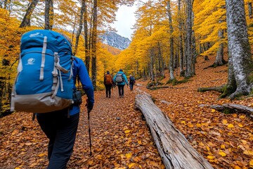 Wall Mural - Forest trail in autumn mountains, where hikers walk along a path covered in fallen leaves, surrounded by towering trees in full fall color