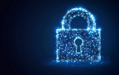 Wall Mural - cybersecurity concept symbol made of glowing dots on a blue background, featuring a polygonal line g