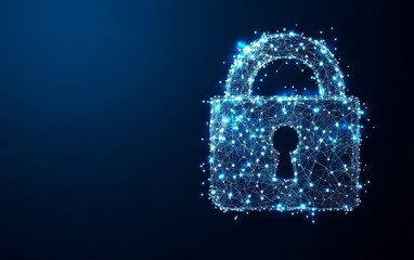 Wall Mural - cybersecurity concept symbol made of glowing dots on a blue background, featuring a polygonal line g
