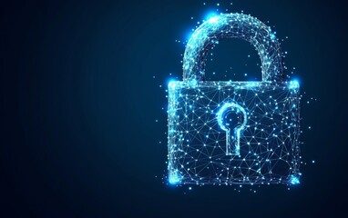 Wall Mural - cybersecurity concept symbol made of glowing dots on a blue background, featuring a polygonal line g