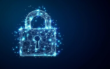 Wall Mural - cybersecurity concept symbol made of glowing dots on a blue background, featuring a polygonal line g