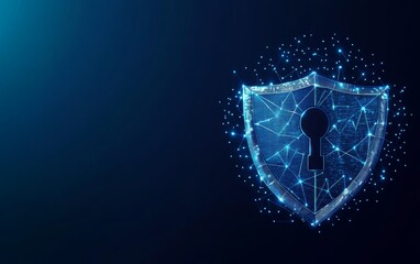 Wall Mural - cybersecurity concept symbol made of glowing dots on a blue background, featuring a polygonal line g