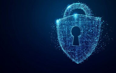 Wall Mural - cybersecurity concept symbol made of glowing dots on a blue background, featuring a polygonal line g