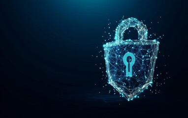 Wall Mural - cybersecurity concept symbol made of glowing dots on a blue background, featuring a polygonal line g