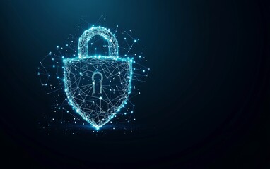 Wall Mural - cybersecurity concept symbol made of glowing dots on a blue background, featuring a polygonal line g