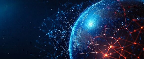 Wall Mural - abstract digital planet earth with glowing network connections and data lines on a dark blue backgro