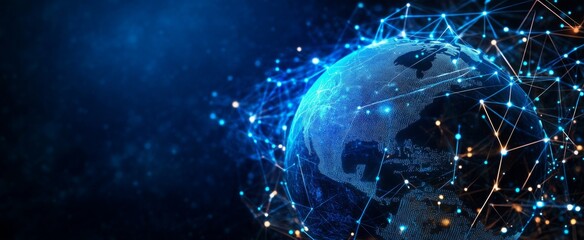 Wall Mural - abstract digital planet earth with glowing network connections and data lines on a dark blue backgro