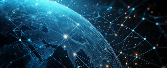 Wall Mural - abstract digital planet earth with glowing network connections and data lines on a dark blue backgro