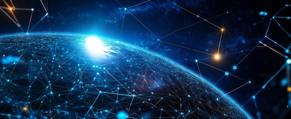 Wall Mural - abstract digital planet earth with glowing network connections and data lines on a dark blue backgro