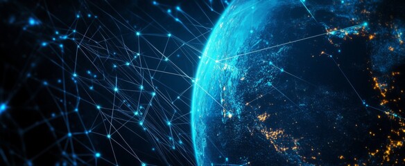 Wall Mural - abstract digital planet earth with glowing network connections and data lines on a dark blue backgro