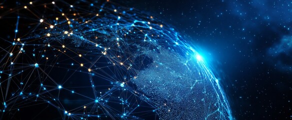 Wall Mural - abstract digital planet earth with glowing network connections and data lines on a dark blue backgro