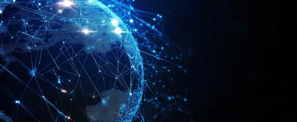 Wall Mural - abstract digital planet earth with glowing network connections and data lines on a dark blue backgro