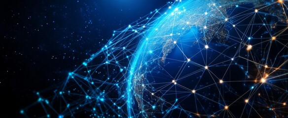 Wall Mural - abstract digital planet earth with glowing network connections and data lines on a dark blue backgro