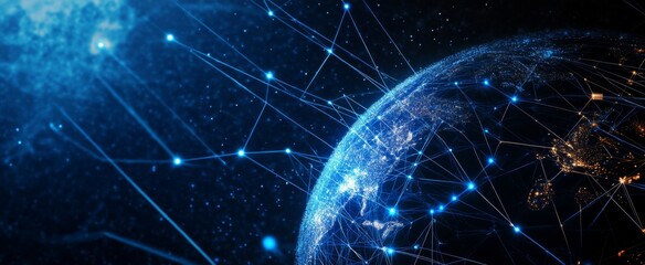 Wall Mural - abstract digital planet earth with glowing network connections and data lines on a dark blue backgro