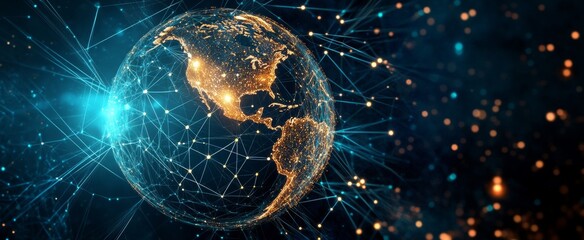 Wall Mural - abstract digital planet earth with glowing network connections and data lines on a dark blue backgro