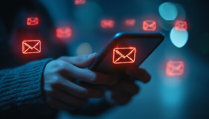 Aufkleber - Email error or email spam, Person using smartphone with email error notification on virtual screen, warning notification and spam message