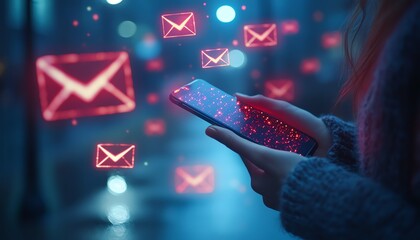 Aufkleber - Email error or email spam, Person using smartphone with email error notification on virtual screen, warning notification and spam message