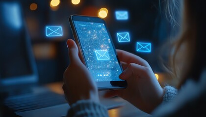 Aufkleber - Email error or email spam, Person using smartphone with email error notification on virtual screen, warning notification and spam message