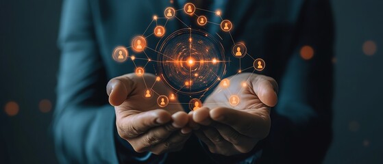 Leinwandbilder - Customer relationship management concept Target audience, marketing plan and strategies Businessman holding target icon linked with human icons for customer focus group