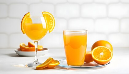 Wall Mural - Refreshing citrus delight in a glass with vibrant orange juice and a fresh fruit slice