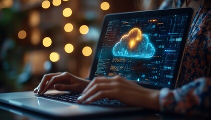 Fototapete - Secure access to data on cloud Person use laptop with cloud computing technology that provides online network services, applications, server systems, Storage, networking