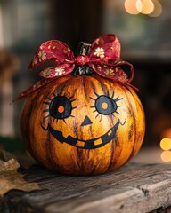 Poster - Pumpkin Set with Painted Face and Ribbon Bow on Ponytail in Dark Bokeh Background