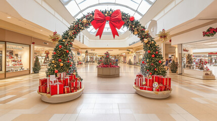 A festive mall display with decorated Christmas trees, gift boxes, and a large red bow under an arch, creating a bright holiday atmosphere.